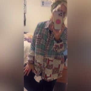Oversized Easel patchwork high low button down top